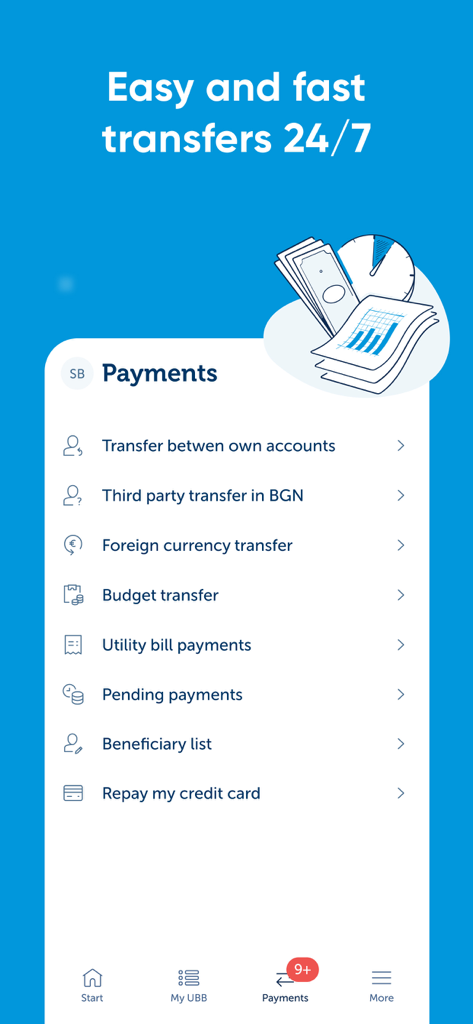 UBB Mobile app payments screen showing various bank transfer and bill payment options