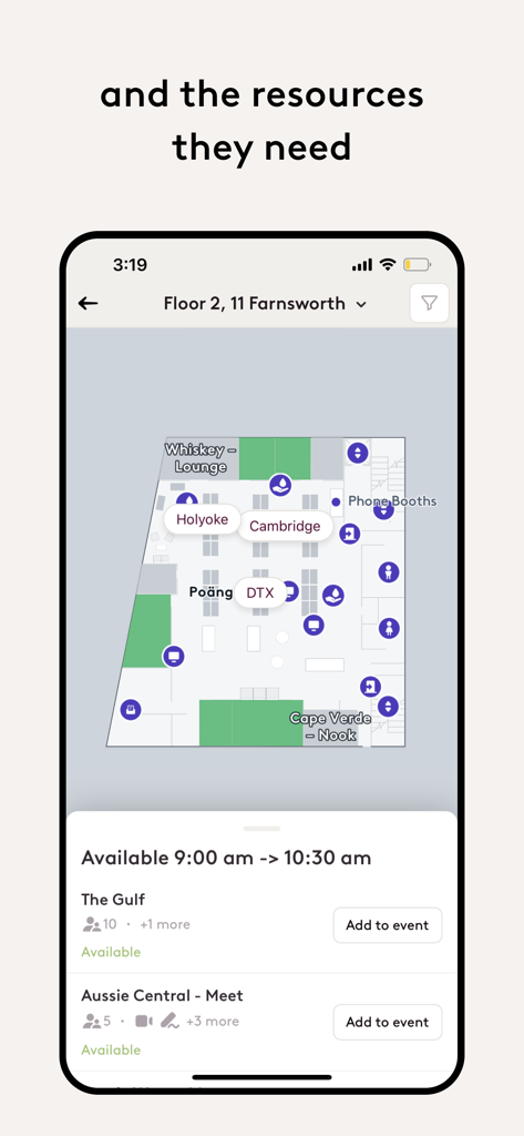 Robin app interface showing an interactive office floor plan with available meeting rooms and booking options