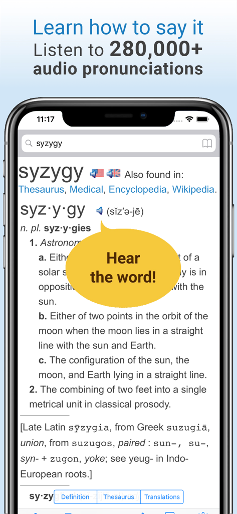 Dictionary and Thesaurus Pro - Dictionary and Thesaurus Pro app interface with audio pronunciation and word definition