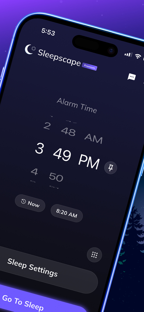 The Sleepscape app interface on an iPhone showing the alarm time selection screen.