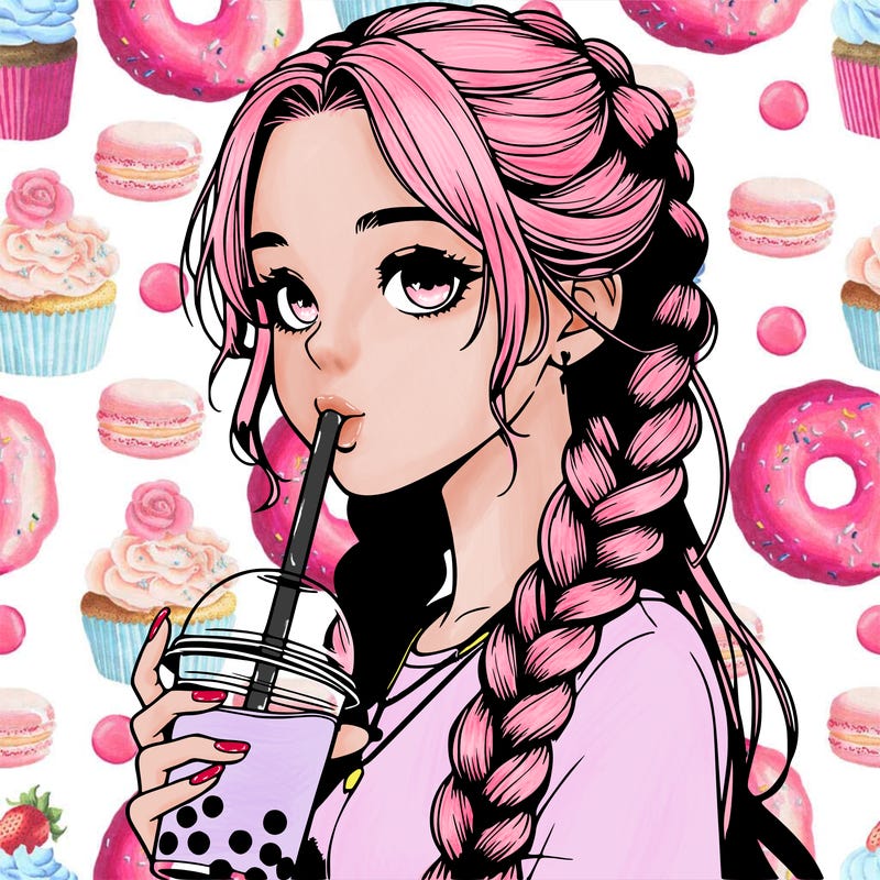 realistic girl with braided hair drinking boba