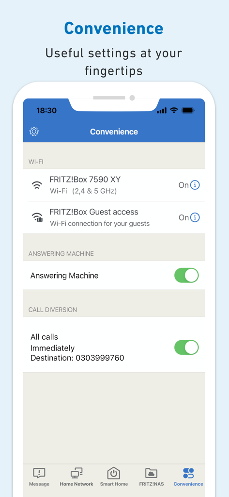 MyFRITZ!App - Pantalla de conveniencia de MyFRITZ!App que muestra la gestión de Wi-Fi y los controles de desvío de llamadas