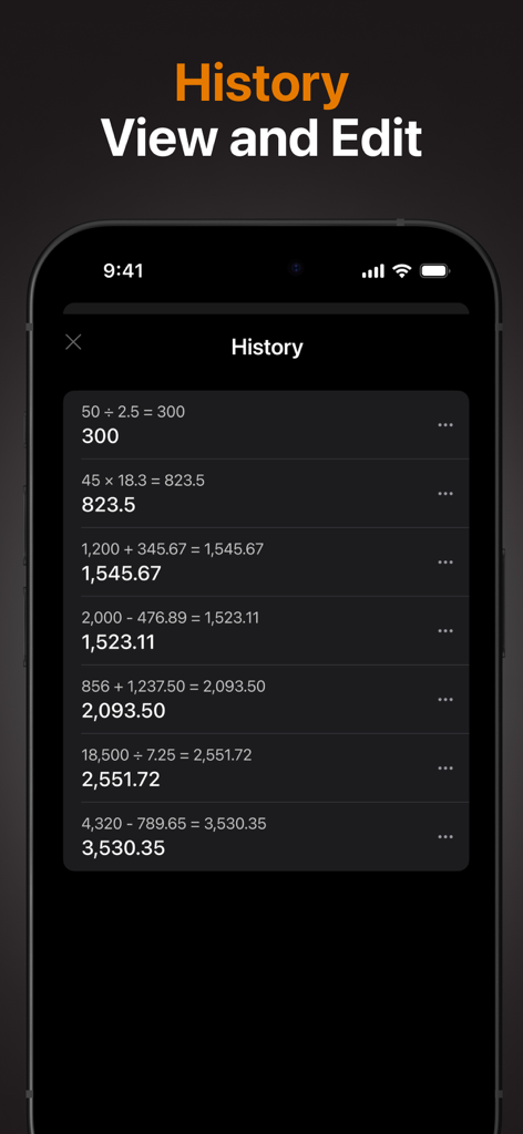 Basic Calculator with History - Smartphone screen showing a detailed calculation history list with past math equations and results in a dark mode interface.