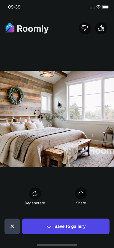 Home Design AI: Roomly - AI-generated farmhouse bedroom design with a wood accent wall inside the Roomly app interface.
