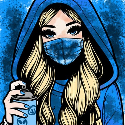 girl wearing a mask with long hair with her hood up spray-painting realistic