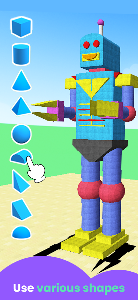 A colorful 3D robot being constructed in an educational building game for kids showing a menu of geometric shapes
