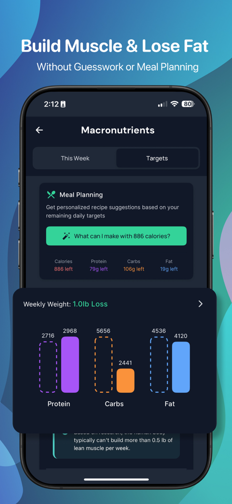 NutriCam app screen showing macronutrient tracking and personalized meal planning suggestions