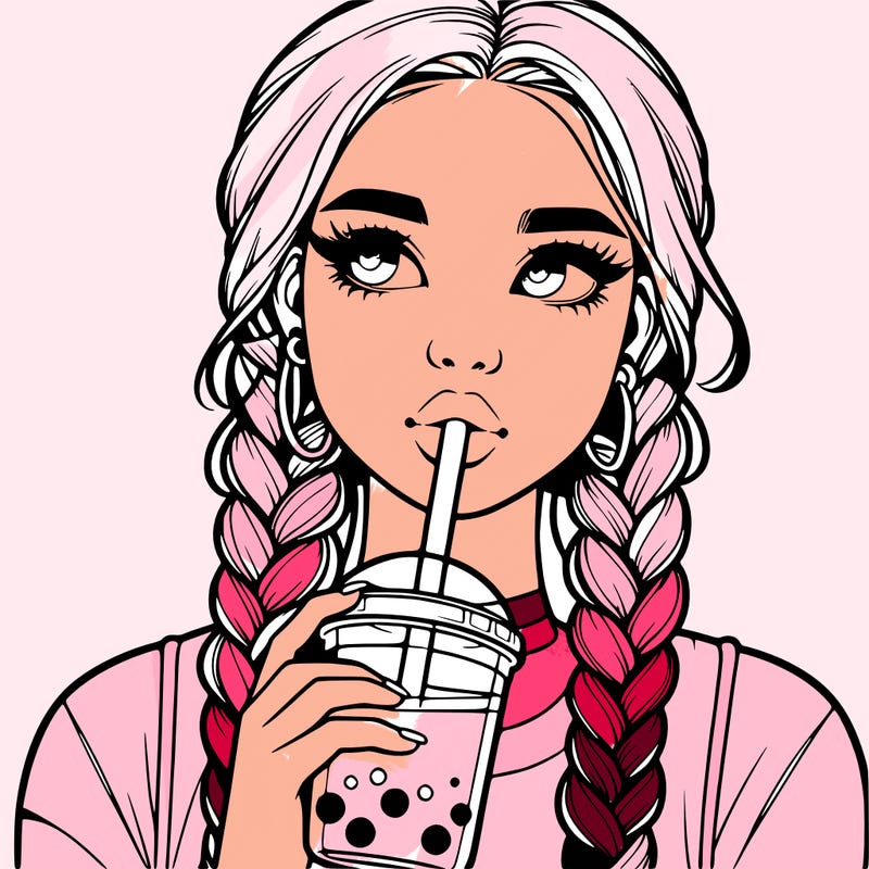 realistic girl with braided hair drinking boba