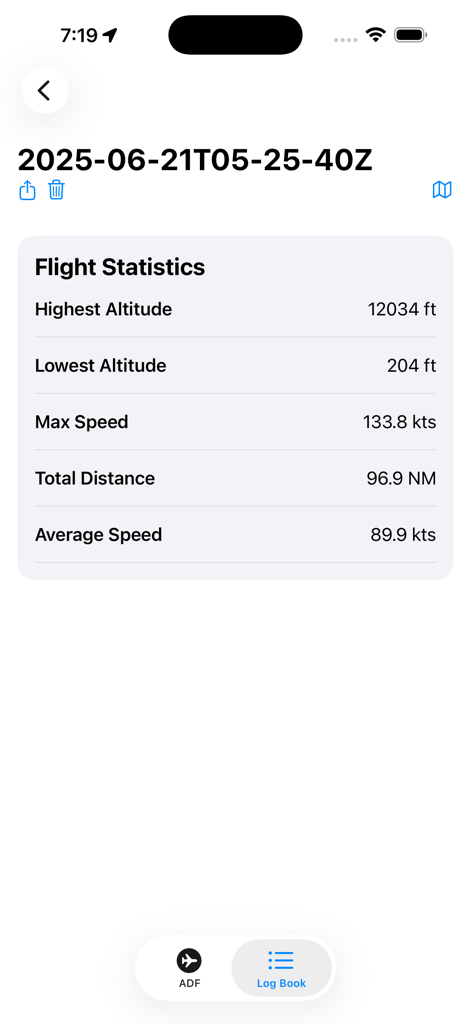 Schermata delle statistiche di volo dell'app mobile Direct To che mostra i dati di altitudine, velocità e distanza per un volo registrato.
