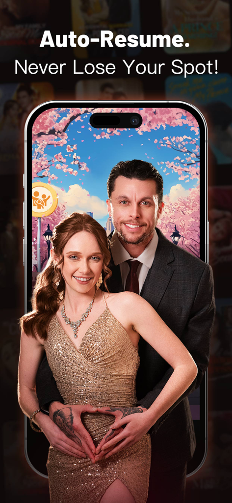 GoodShort - Short Dramas Hub - GoodShort App-Oberfläche zeigt die Auto-Resume-Funktion mit einer Romantik-Drama-Szene