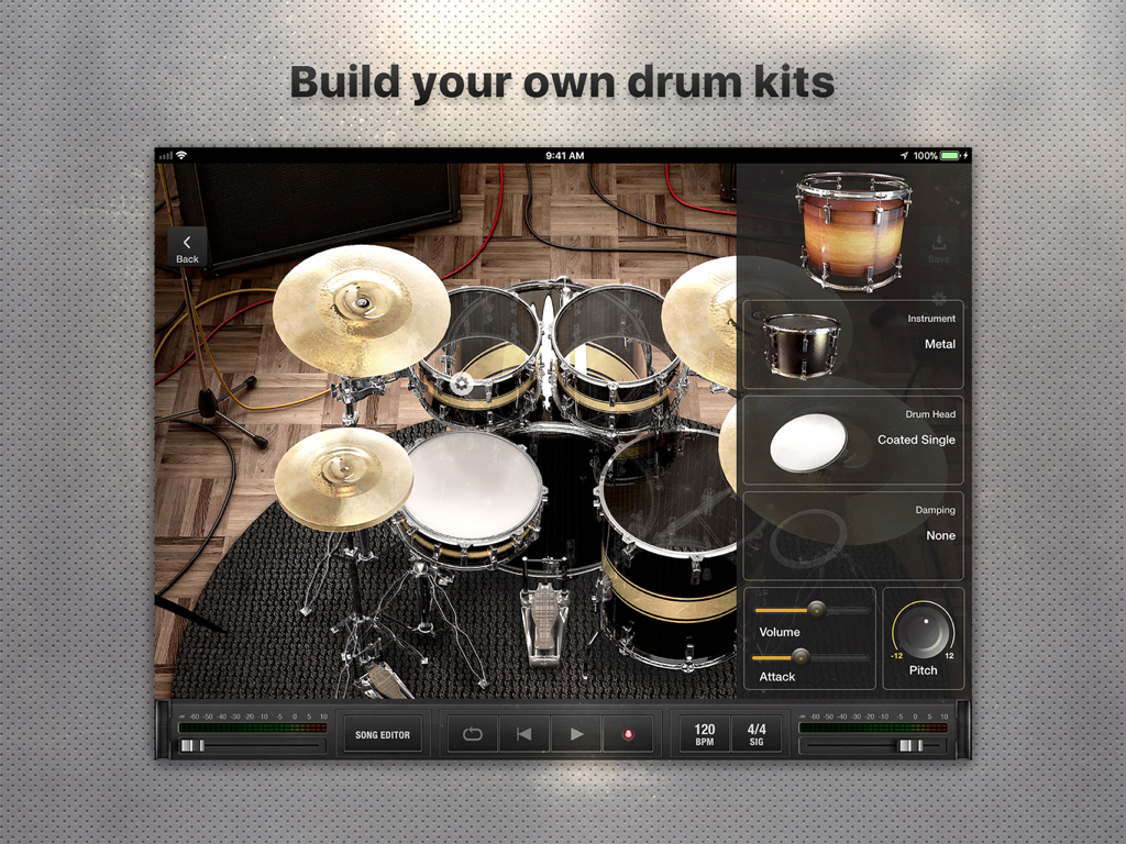 X Drummer app interface on iPad showing the build your own drum kits feature with customization options for drum heads and tuning.