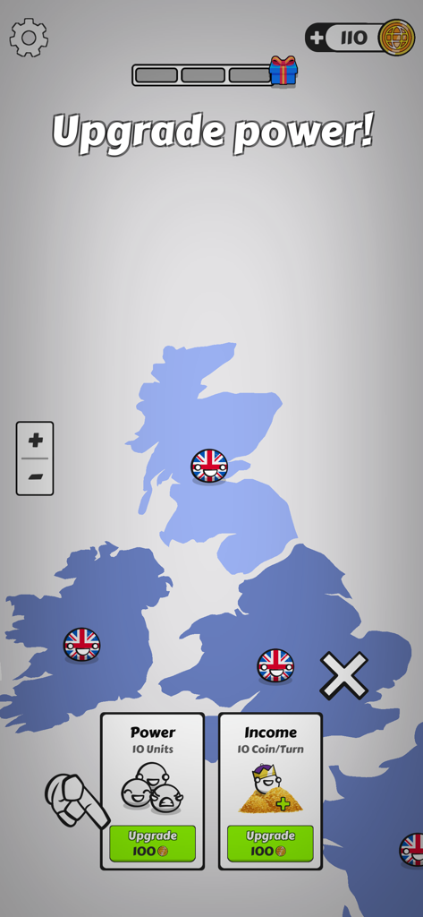 Captura de pantalla de Country Balls World War mostrando un mapa del Reino Unido con opciones de mejora de poder e ingresos