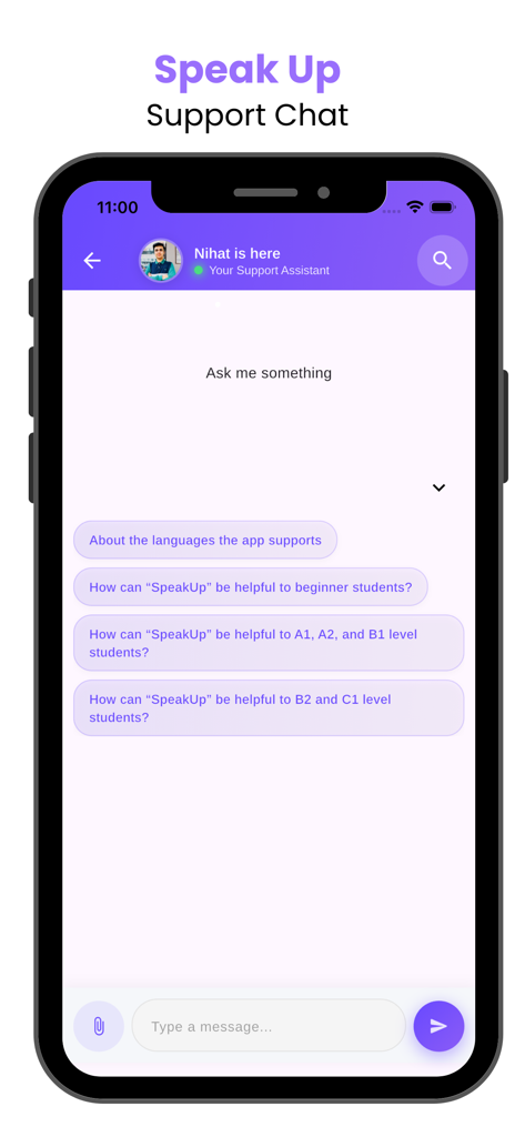 Speak-Up App - Support chat interface of the Speak-Up app showing frequently asked questions for language learners