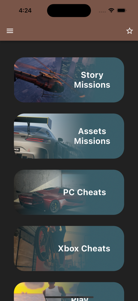 Main menu of the GTA San Andreas cheat codes app showing buttons for story missions, assets missions, PC cheats, and Xbox cheats.