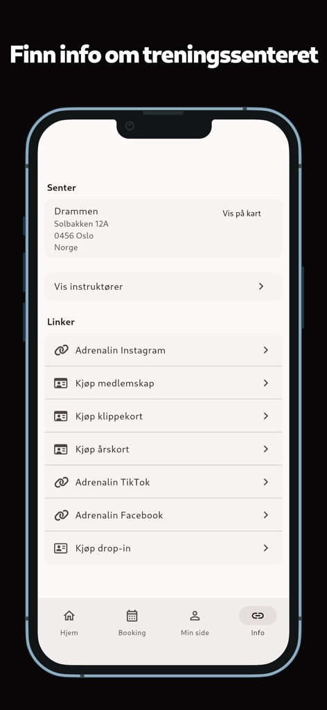 Adrenalin - Un écran mobile montrant les détails de localisation de la salle de sport, les liens vers les réseaux sociaux et les options d'abonnement dans l'application Adrenalin