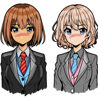two anime girls with short hair wearing a suit