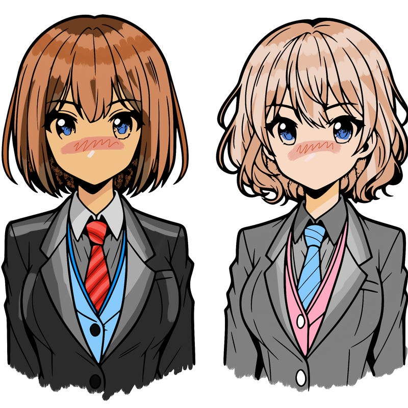 two anime girls with short hair wearing a suit