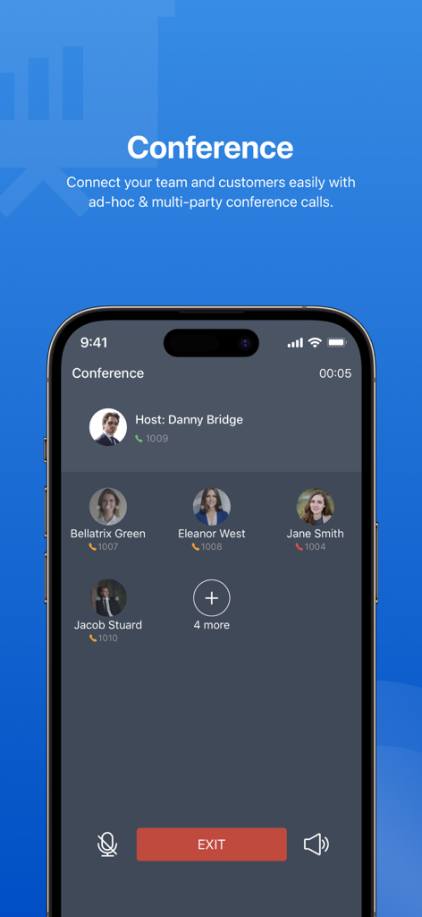Interface of the Yeastar Linkus Mobile Client app showing a multi-party conference call screen with host and participants