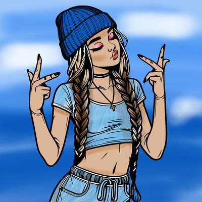 realistic teenage girl with braids and a beanie and crop top doing 🫶🏼