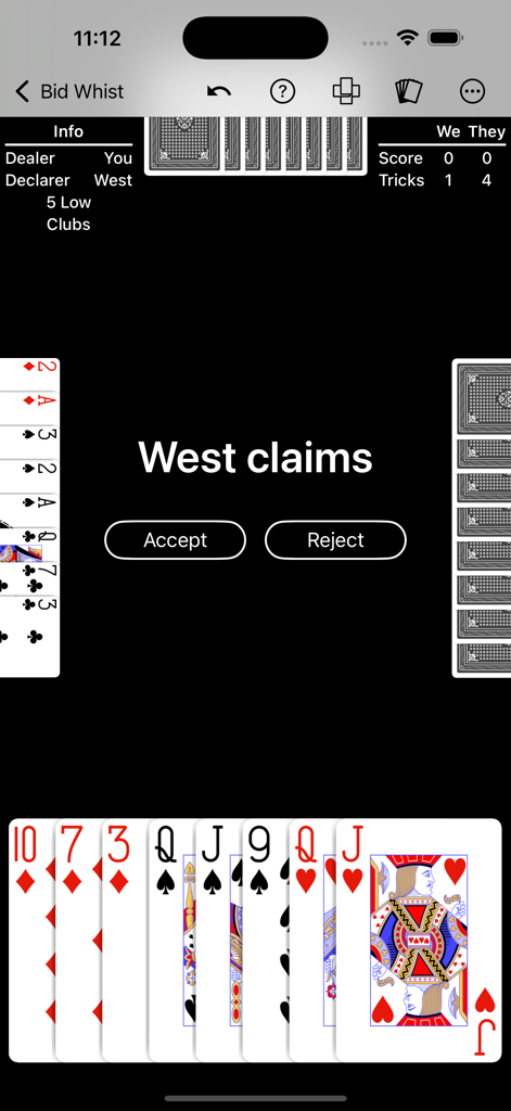 Bid Whist - Expert AI - A gameplay screenshot of the Bid Whist Expert AI app showing an AI opponent claiming the remaining tricks with options to accept or reject.