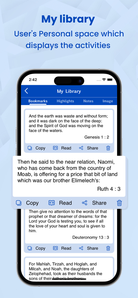 Interface showing the My Library section of the Easy To Read Holy Bible app with bookmarked verses