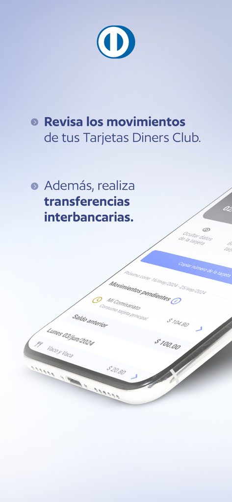 Interfaz de la aplicación blu Empresas que muestra los movimientos de la tarjeta Diners Club y las transferencias interbancarias en la pantalla de un iPhone.