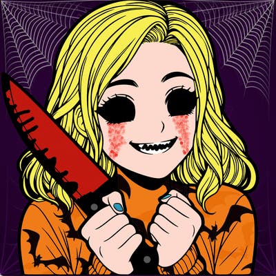 a realistic girl holding a knife and grinning