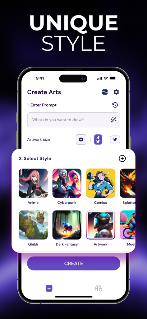Mobile app interface for Dream Art AI Image Generator showing the style selection screen with Anime and Ghibli options