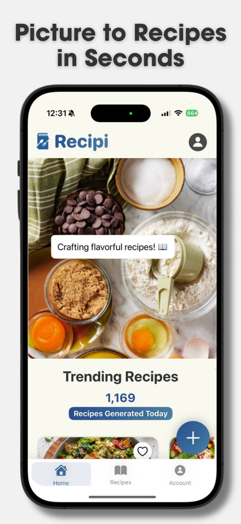 Recipi: AI Recipe Maker - Pantalla de inicio de la aplicación Recipi que muestra la generación de recetas de IA a partir de fotos de ingredientes