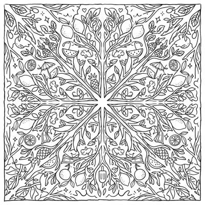 Immerse yourself in the vibrant spirit of summer with this stunning kaleidoscope tree design. Featuring intricate patterns of tropical fruits, leaves, and beach elements, it offers a refreshing and creative escape.