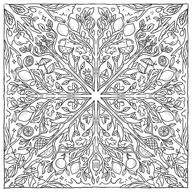 Immerse yourself in the vibrant spirit of summer with this stunning kaleidoscope tree design. Featuring intricate patterns of tropical fruits, leaves, and beach elements, it offers a refreshing and creative escape.