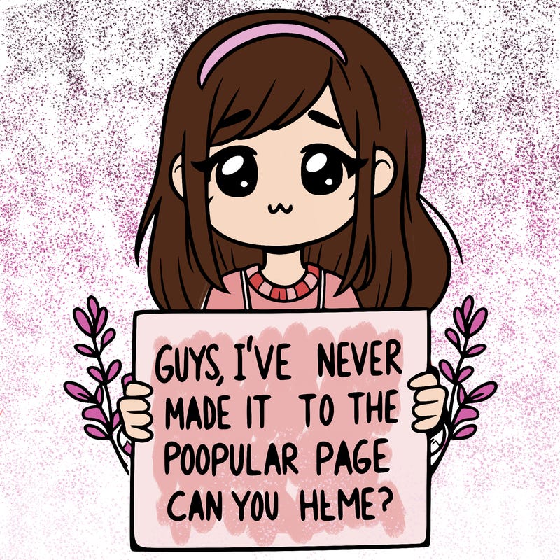 a girl holding up a sign that says, guys, i’ve never made it to the popular page, can you help me?