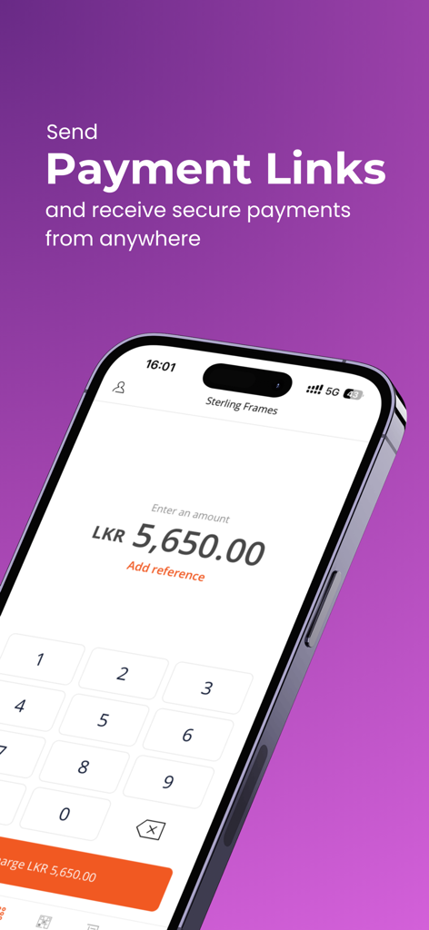 Pantalla de la aplicación Genie Business para enviar enlaces de pago seguros a los clientes