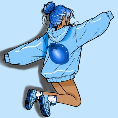 realistic girl jumping with a bun and oversized sweatshirt