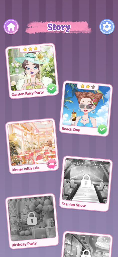 Doll Avatar Maker: Design - A selection screen of different themed dress up challenges in the Doll Avatar Maker story mode.