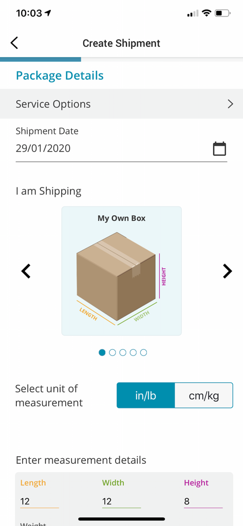 Purolator - Purolator mobile app interface for entering package dimensions and shipment details