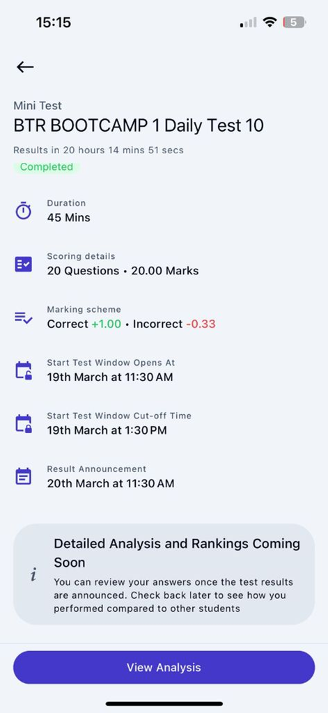 CoreBTR - CoreBTR mobile app screen showing mini test details including duration scoring marks and marking scheme for medical PG aspirants