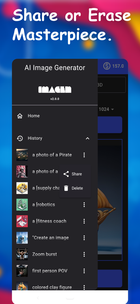 Imagen AIアプリの画面。画像履歴リストに共有および削除オプションのメニューが開いています。