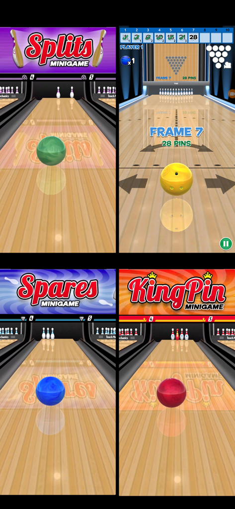 Una colección de cuatro capturas de pantalla que muestran diferentes minijuegos de bolos, incluyendo Splits Spares y KingPin