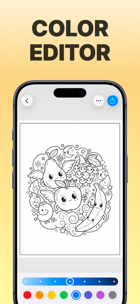 Coloring Book Ai - ColorFilla - iPhone screen displaying the ColorFilla app color editor with a cute fruit-themed line art page and color palette.