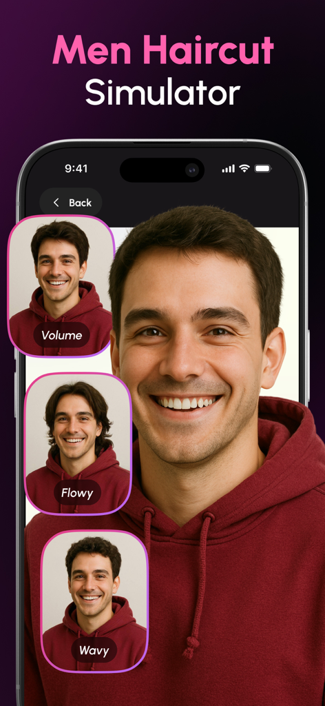 AI Hairstyle・Hair Color Filter - A man using an AI app to preview different hairstyles including volume, flowy, and wavy options.
