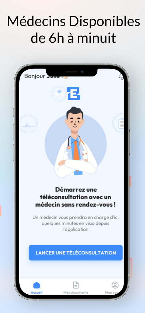 EZRA | Téléconsultation 7/7J - Home screen of the Ezra app for starting an instant medical teleconsultation