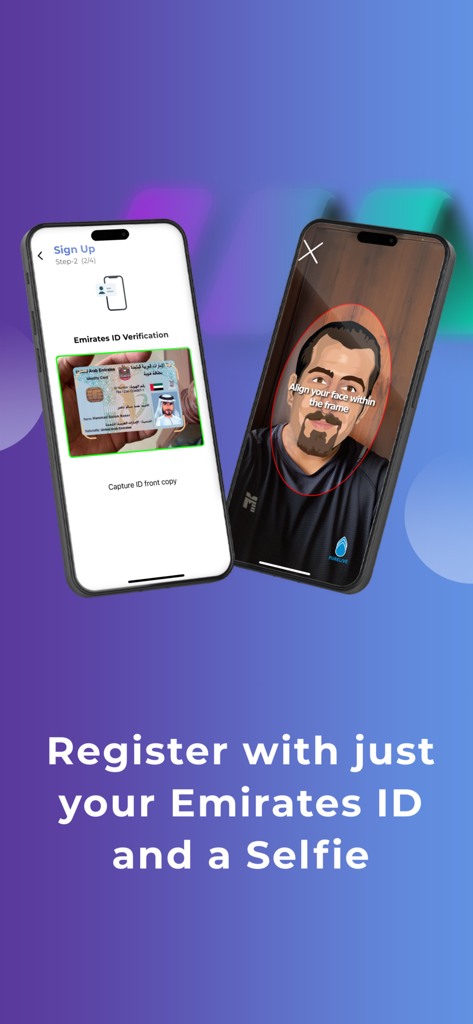 LMPAY app registration screens showing Emirates ID capture and facial recognition verification