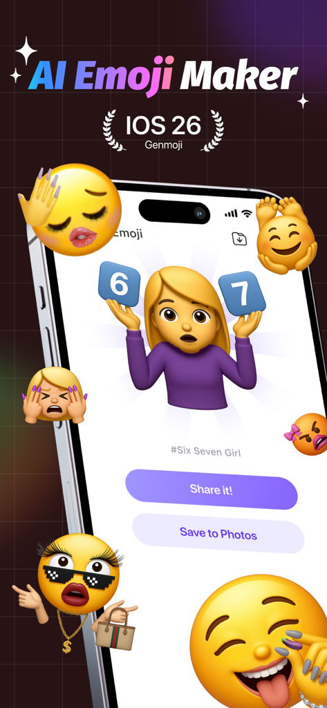 A mobile interface for an AI emoji maker app showing various custom Genmoji stickers and sharing options on an iPhone.