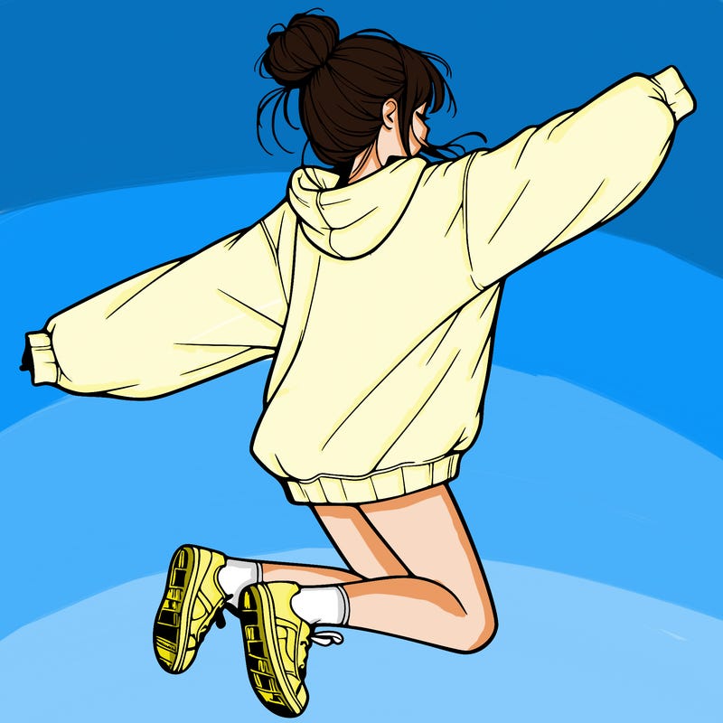 realistic girl jumping with a bun and oversized sweatshirt