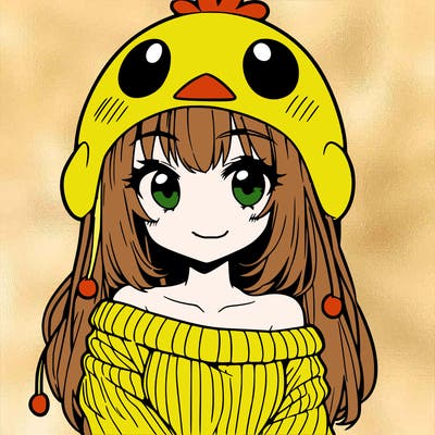 anime girl with chick shaped hat with sweater with bare shoulders with bangs covering them one eye with low tail