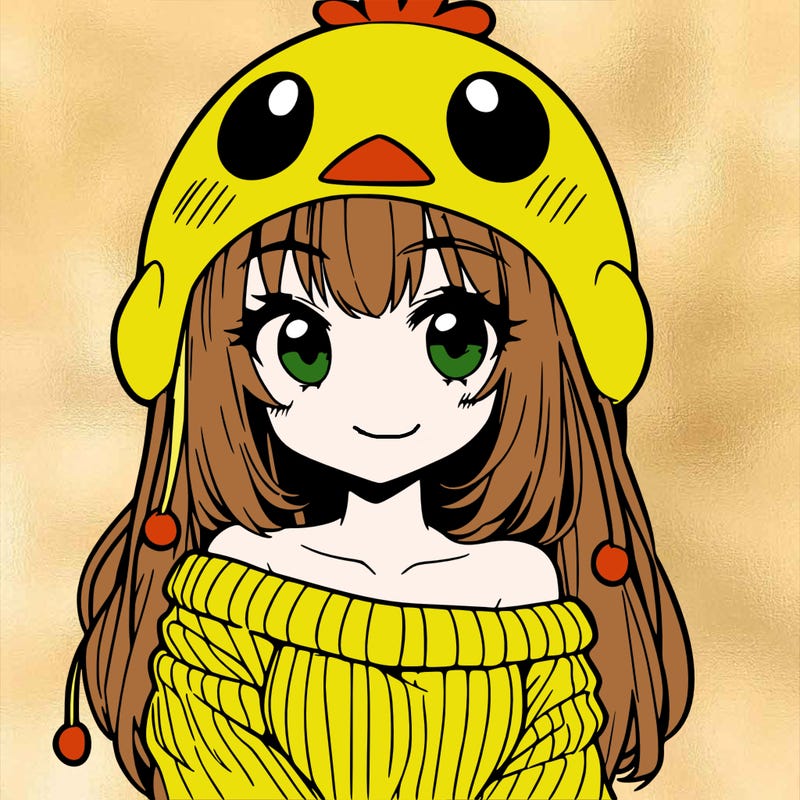anime girl with chick shaped hat with sweater with bare shoulders with bangs covering them one eye with low tail