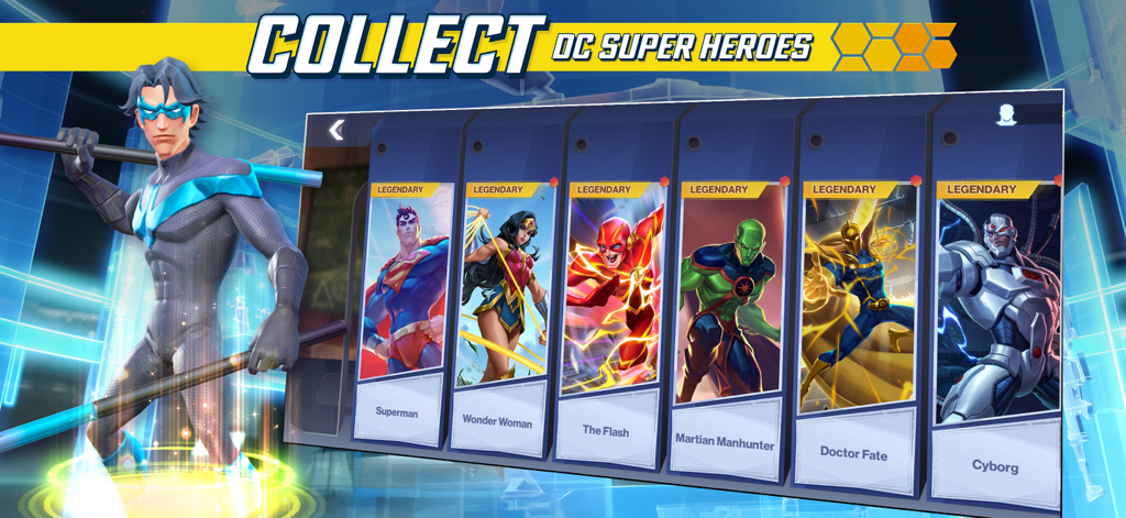 DC Worlds Collide Strategy RPG - Una alineación de superhéroes legendarios de DC incluyendo Nightwing, Superman, Wonder Woman y The Flash en una pantalla de colección de personajes