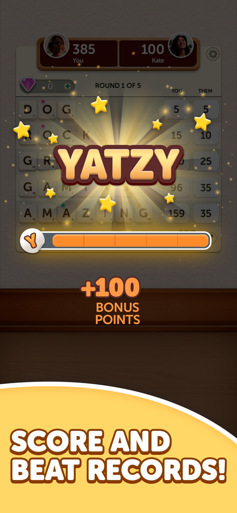 Word Yatzy game screenshot showing a bonus point achievement and word grid.