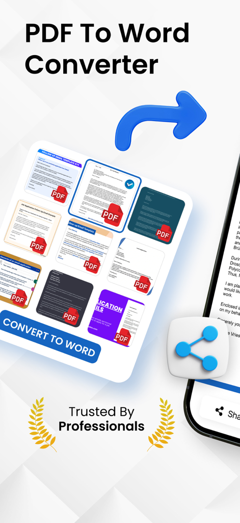 PDFからWordへの変換アプリの画面。文書のサムネイルとWordへの変換ボタンが表示されています。